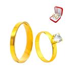 Anel Comprommisso 3mm Quadrado Dourado Noivado + Anel Solitario 2mm Dourado Anatomico Casal