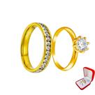 Anel Cravejado Pedras Brancas 3mm Banhado Ouro 18k + Anel Solitário 2mm Ouro 18k Casal Noiva Casamento Luxo