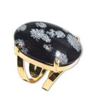 Anel de Obsidiana Flocos de Neve - Pacote com 3 Peças - Cabochão Oval Dourado
