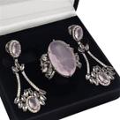 Anel e Brincos Cristal Quartzo Rosa Cravejados Zirconias Ródio 4061 4062