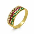 Anel em Ouro 18K Meia Aliança Tripla com 9 Diamantes, 9 Esmeraldas e 9 Rubis