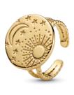 Anel Feminino Ajustável Lua Sol Místico Regulável em Aço Banhado Ouro 18K