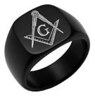 Anel Masculino Maçom Maçônico Quadrado Preto Aço Cirúrgico 316L Esquadro e Compasso Símbolo G Luxo Original Sineto Não Escurece Antialérgico Demolay