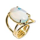 Anel Pedra da Lua Opalina Cabochão Oval Pequeno Dourado