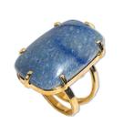 Anel Quartzo Azul Retangular Cabochão Dourado Aro Ajustavel