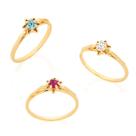 Anel rommanel banhado ouro 18k feminino solitário flor cristal branco azul ou vermelho 510170