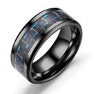 Anel Tungstenio Preta com Fibra De Carbono Azul
