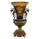 Ânfora Cristal Verde Lapidado Âmbar Alças e Base Bronze Luxo