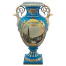 Ânfora Vaso Porcelana Azul Ouro Prensado Alças Luxo