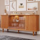 Aparador Buffet Ripado 4 Porta com LED Vidro e Pés de Madeira 100 MDF Janice Cimol