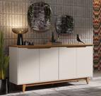 Aparador Buffet Sala Flow 4 Portas com Pés de Madeira OffWhite com Freijó - Rede Móveis Aparador Buffet Sala Flow 4 Portas com Pés de Madeira OffWhite com Freijó - Rede Móveis