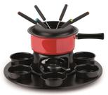 Aparelho De Fondue Lugano Carroussel 18 peças Esmaltado 1,4 Litros Carne Queijo Chocolate Frutas Gramado Base Giratória Alto Padrão Qualidade