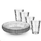Aparelho de Jantar 8 Peças em Vidro 4 Pratos 4 Copos 190ml Detalhe Bolinha Jogo Elegante para Mesa Posta
