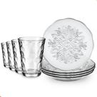 Aparelho de Jantar 8 Peças em Vidro 4 Pratos 4 Copos 190ml Detalhe Bolinha Jogo Elegante para Mesa Posta