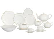 Aparelho de jantar Camélia em new bone china branco com filado dourado 49 peças