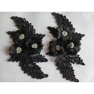 Aplique de Renda Guipir Floral 3D com Strass e Pérolas, Preto, 20 cm, Par, para Costura em Roupa e V