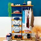 Armário Arara Industrial Closet Completo Modular Slim de Ferro e Madeira Carvalho e Preto