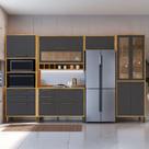 Armário de Cozinha com Balcão e Tampo 11 Portas 5 Gavetas Pérola 100% Mdf Vidro Reflecta Amêndoa/Chumbo - Pnr Móveis