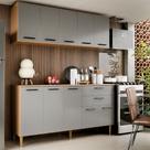 Armário de Cozinha Completo Bela 140cm com Aéreo Ripado Balcão 3 Portas e 2 Gavetas com Corrediça MDF MDP Design Moderno para Cozinha