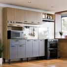 Armário de Cozinha Dora 200cm Cozinha Completa Kit Cozinha MDF MDP Damasco Cinza Ripado com Balcão, Aéreos e Nicho Microondas