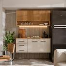 Armário de Cozinha Eliza Completo com Aéreo e Balcão Suspenso MDF Moderno com Portas e Gavetas Design Ripado para Cozinha Compacta