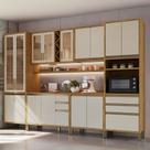Armário de Cozinha Modulada com Balcão e Tampo 16 Portas 5 Gavetas Pérola 100% Mdf Vidro Reflecta Amêndoa/Off White - Pnr Móveis