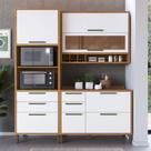 Armário de Cozinha Modulada com Balcão e Tampo 6 Portas 5 Gavetas ágata 100% Mdf Vidro Reflecta Amêndoa/Branco -Pnr Móveis