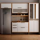 Armário de Cozinha Modulada com Balcão e Tampo 9 Portas 3 Gavetas ágata 100% Mdf Vidro Reflecta Amêndoa/Branco - Pnr Móveis