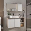 Armario gabinete banheiro 80cm cuba soprepor espelheira com puxador aluminio madeirado com branco Armario gabinete banheiro 80cm cuba soprepor espelheira com puxador aluminio madeirado com branco