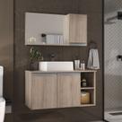 Armario gabinete banheiro 80cm + cuba soprepor + espelheira com puxador aluminio madeirado inteiro