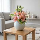 Arranjo Centro de Mesa Lírio Rosa Completo Artificial Vaso Branco