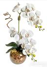 Arranjo Duplo Orquídea Siliconada Branca 3D Artificial - Vaso de Vidro Redondo Decorativa