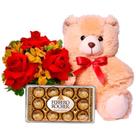Arranjo mix de flores nobres com pelúcia e chocolate