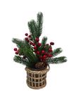 Arranjo Natalino Decorativo Cerejinha e Azevinho Vaso Vidro Ratan 38cm