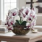 Arranjo no vaso de vidro incolor 4 flores de orquideas