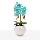 Arranjo Orquídea Silicone Haste Dupla Azul Decorativo Vaso Vidro Branco