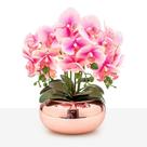 Arranjo Orquídea Silicone Toque Real 6 Hastes Vaso Vidro Rosê Espelhado