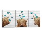 Arte de parede em tela 3 painéis Highland Cow Butterfly 40x60cm