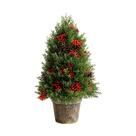 Árvore de Natal Mini 32 cm com Frutos Vermelhos e Pinhas no Vaso