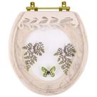 Assento Sanitário Decorado Oval Convencional Bege Claro Com Borboleta Verde para todas as marcas Com Ferragem Dourada