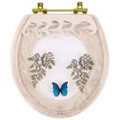 Assento Sanitário Decorado Oval Convencional Creme Com Borboleta Azul Com Ferragem Dourada