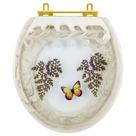 Assento Sanitário Poliéster Oval Bege Decorado Borboleta Amarela Com Ferragem Dourada