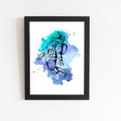 Astronauta Azul Arte Aquarela Quadro Moldura Preta 60x40cm