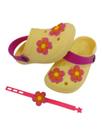 Babuche Dupla Flor Rosa Laranja + Pulseira Infantil Leve Confortável