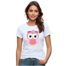 Baby Look Coruja Rosa Flor Personalizada Feminina Adulto Algodão com Poliéster