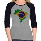 Baby Look Raglan Bandeira Brasil Mapa Manga 3/4 - Foca na Moda