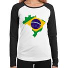Baby Look Raglan Bandeira Brasil Mapa Manga Longa - Foca na Moda