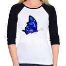 Baby Look Raglan Borboleta Azul Manga 3/4 - Foca na Moda