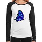 Baby Look Raglan Borboleta Azul Manga Longa - Foca na Moda