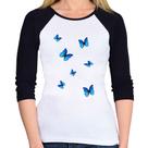 Baby Look Raglan Borboletas Azuis Manga 3/4 - Foca na Moda